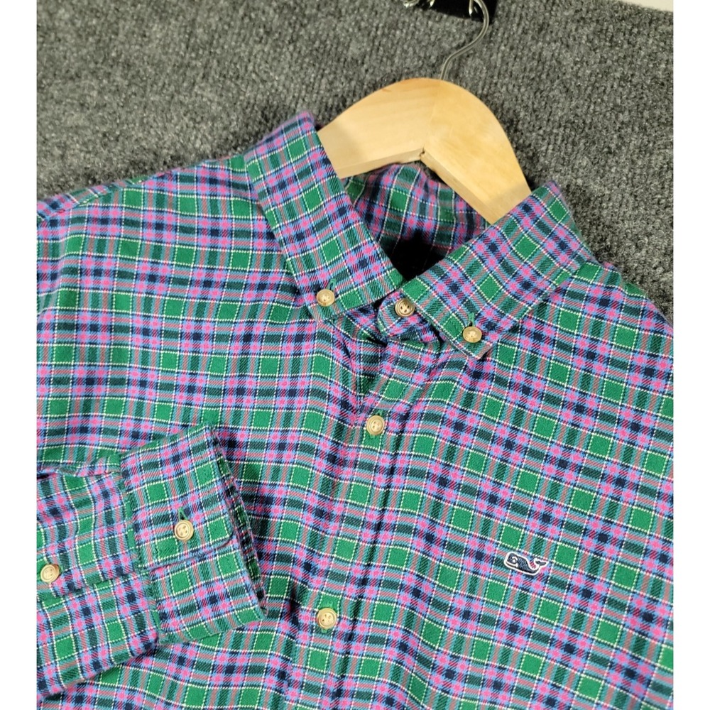 Vineyard Vines Plaid Whale Shirt Button Up Flannel Boys XL Purple Green Preppy